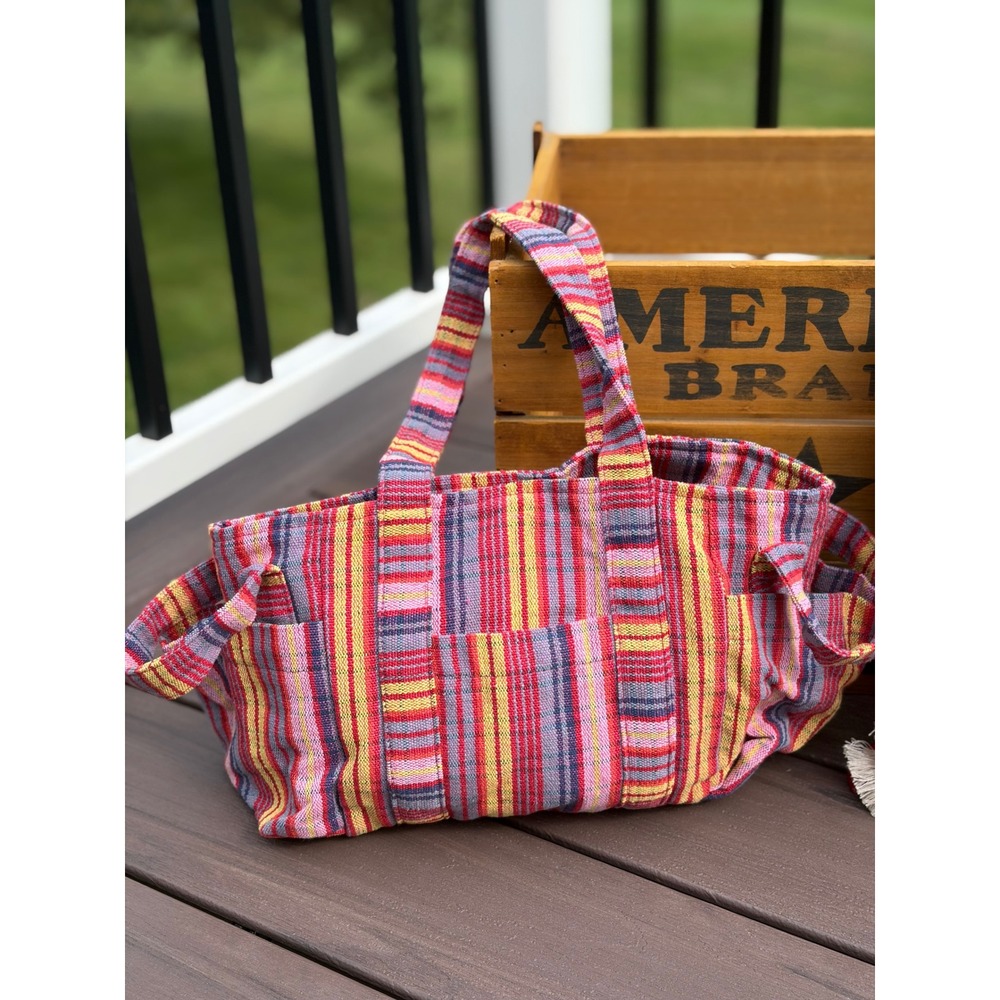 Free People Multi Color Striped Canvas Tote Bag Exterior Pockets Boho Travel